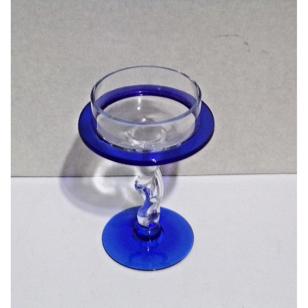 Cobalt Blue & Clear Hand Blown  Twisted Stem Candle Holder 6.5